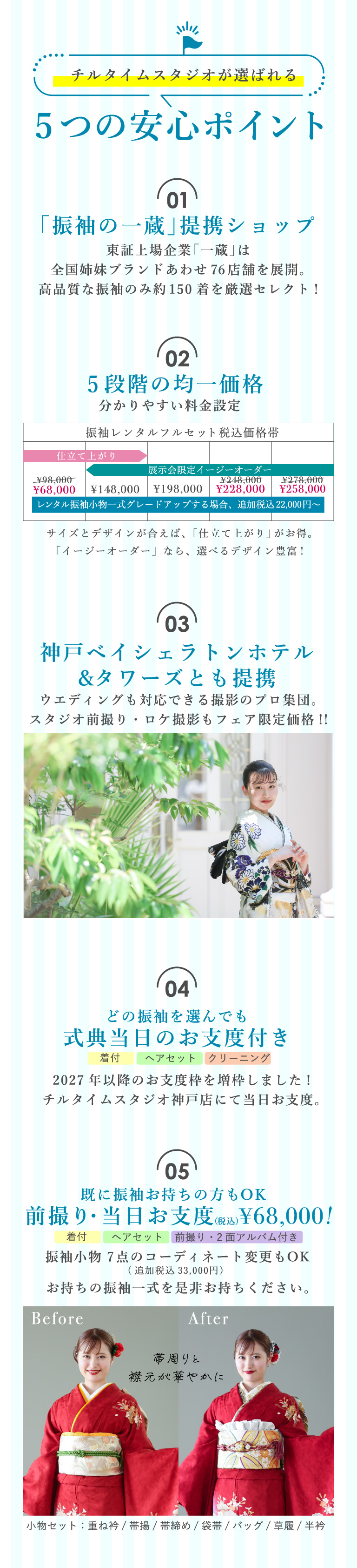 チルタイムスタジオが選ばれる5つの安心ポイント ①「振袖の一蔵」提携ショップ ②5段階の均一価格 ③神戸ベイシェラトンホテル&タワーズとも提携 ④どの振袖を選んでも式典当日のお支度付き ⑤既に振袖お持ちの方もOK 前撮り・当日お支度(税込)\68,000!